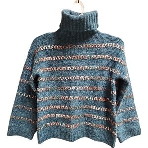 Molly Bracken Trendy Elegant Teal Striped Turtleneck Sweater